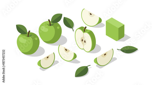 Fresh green apples and leaves in isometric view on white background