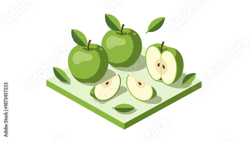 Isometric green apples with leaves on geometric platform