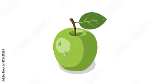 Green apple with leaf and droplets in isometric design on white background