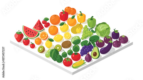 Vibrant isometric array of fresh fruits and vegetables on display