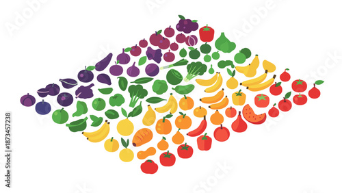Colorful isometric fruit and vegetable collection in pyramid layout