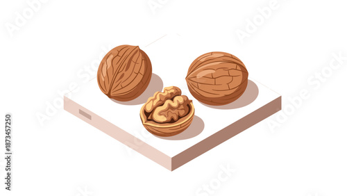 Isometric walnut composition on white background