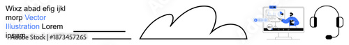 Cloud systems, online communication, customer support, technology tools, digital interaction, remote work. A cloud, headset and monitor with symbols. Cloud systems and online communication concept