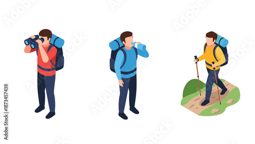 Isometric hiking activities: exploring, hydrating, and trekking with backpacks