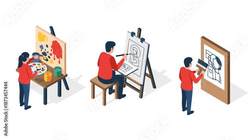 Isometric art design: artists engaged in painting and sketching activities