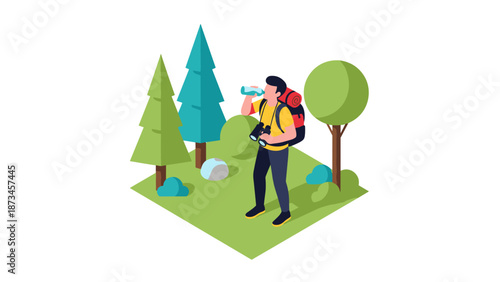 Isometric hiker exploring nature with camera and water bottle