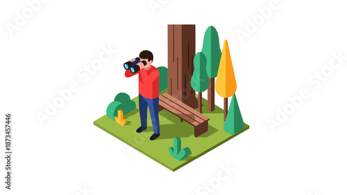 Isometric nature scene with person birdwatching in forest park setting