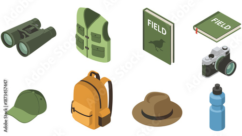 Set of isometric outdoor adventure gear including binoculars, hat, backpack, and water bottle