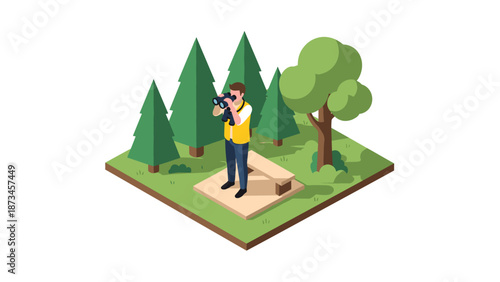 Isometric nature scene with photographer in forest setting