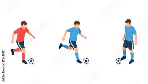 Isometric soccer players in action with ball on white background