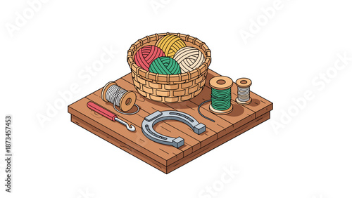 Crafting essentials: wool, yarn, and tools on wooden surface