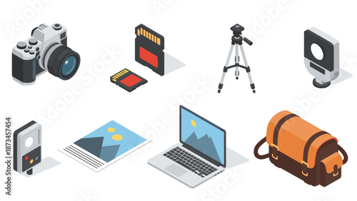 Photography equipment collection: camera, tripod, memory card, and accessories in isometric design