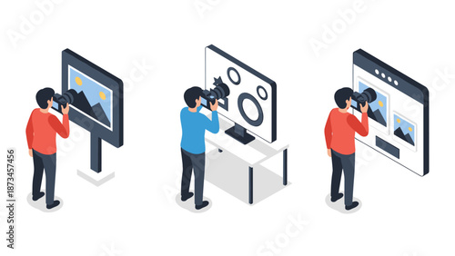 Isometric photographer capturing digital and print images in different settings