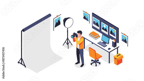 Isometric photography studio setup with photographer and equipment in modern workspace