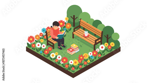 Isometric garden scene with reader on bench surrounded by colorful flowers