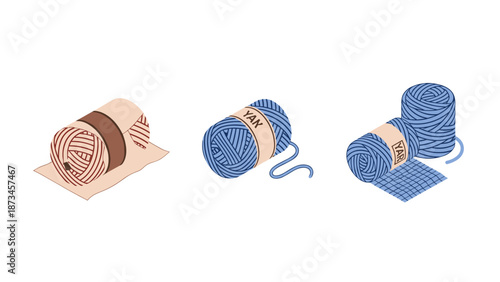 Colorful yarn balls on white background: knitting and crochet supplies