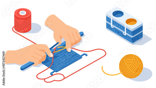 Isometric knitting supplies and techniques: yarn, needles, and crafting tools