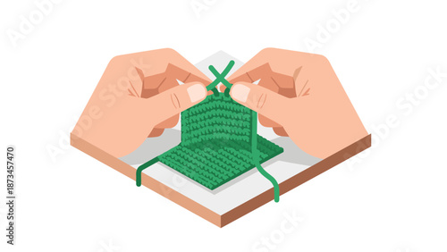 Isometric knit project with hands crafting a green pattern on needlework