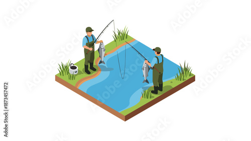 Isometric fishing scene with two people holding fish by a pond