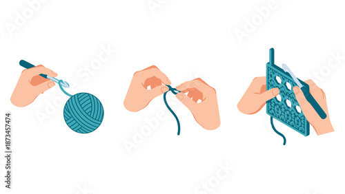 Step-by-step guide to crocheting: hands with yarn and hook