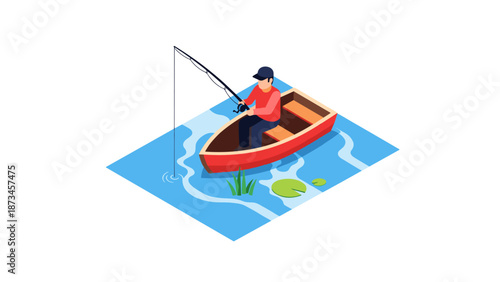 Isometric fishing scene: man in red boat on tranquil lake with fishing rod