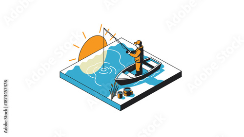 Isometric fishing scene at sunrise with fisherman in boat on tranquil water