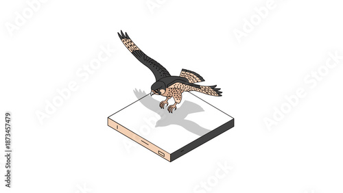 Falcon in flight landing on platform with shadow in isometric style