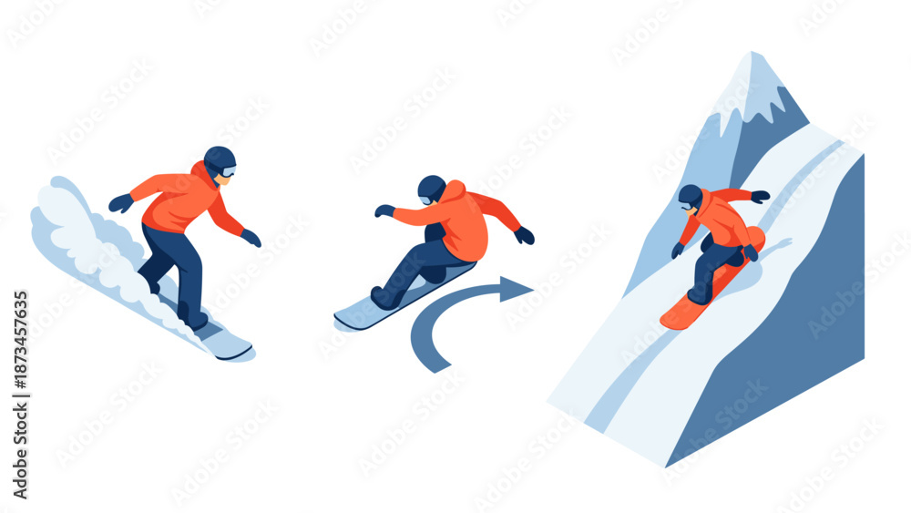 Obraz premium Isometric snowboarding techniques: mastering skills on the snowy slopes