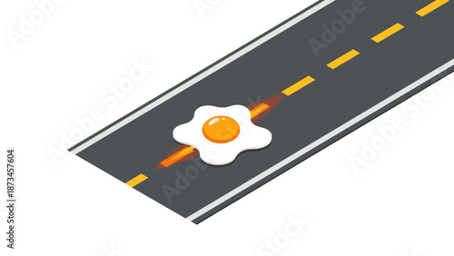 Isometric road with fried egg and heat concept for summer