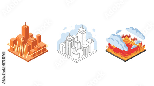Isometric urban landscapes: vibrant city blocks with climate and minimalist design elements