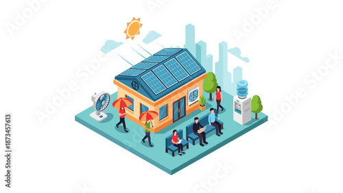 Sustainable office concept with solar panels and green energy solutions