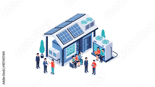 Sustainable energy hub with solar panels and diverse people in an isometric style