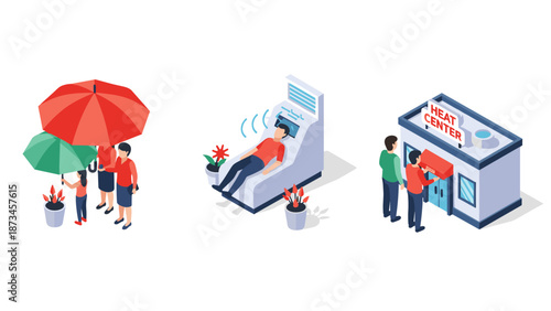 Isometric concept of weather relief: shade, cooling, and heat center solutions for urban comfort