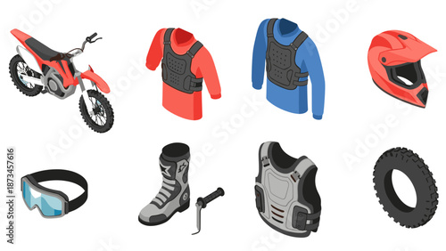 Isometric motocross gear and equipment set with helmet, armor, and more