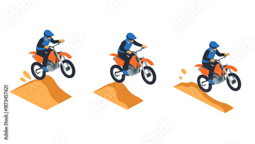 Dynamic isometric motocross jump sequence in blue and orange