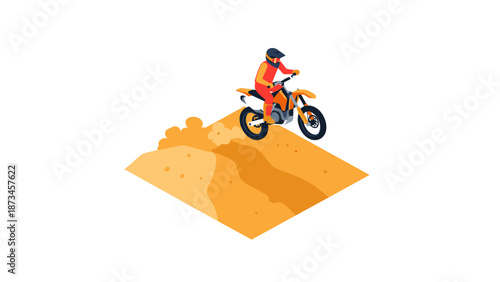 Isometric motocross rider jumping over desert dune with trail dust