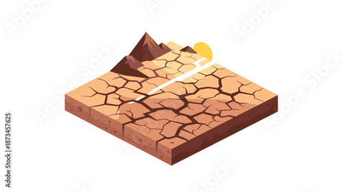 Isometric drought landscape with cracked earth and mountain under sun