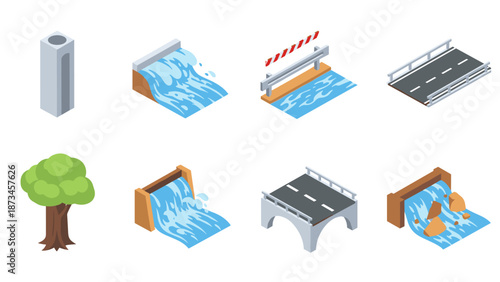 Isometric infrastructure elements: bridges, dams, trees, modern urban design