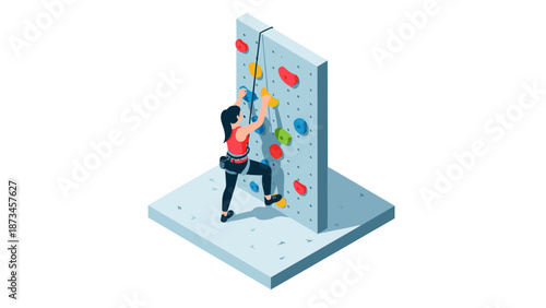 Isometric indoor rock climbing with female climber on colorful holds