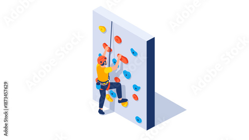 Isometric rock climbing wall with colorful holds and climber in gear