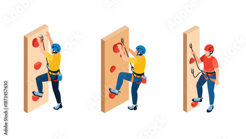 Isometric rock climbing sequence with safety gear and techniques