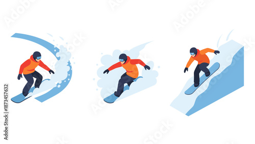 Dynamic snowboarders in action with modern flat design aesthetic