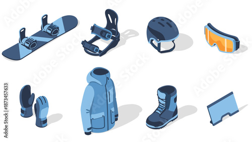 Essential snowboarding gear in isometric style featuring boots, board, and helmet