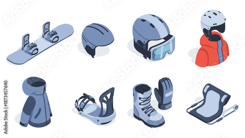 Winter sports gear set: isometric skiing and snowboarding equipment collection