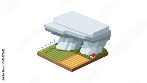 Isometric thunderstorm over countryside with wind turbines and farm fields