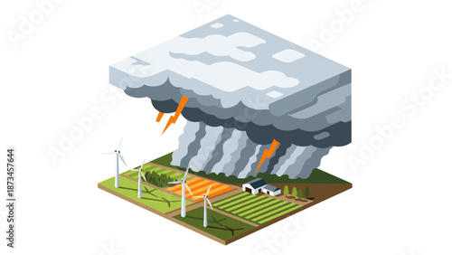 Isometric stormy weather over wind farm and fields with lightning and turbines