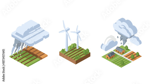Isometric farm weather scenes featuring wind turbines and cloudy skies