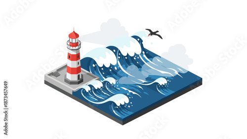 Isometric lighthouse with ocean waves and seagull on a sunny day