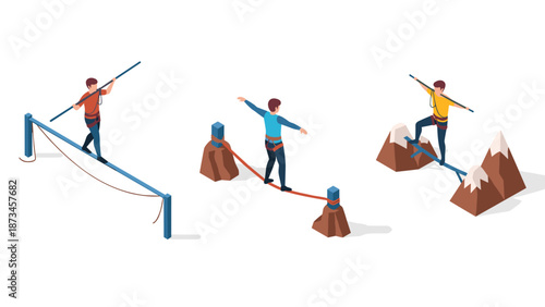 Isometric tightrope challenge: balancing across bridges, canyons, and mountains