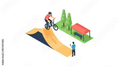 Isometric bike stunt with ramp and park elements in a recreation area